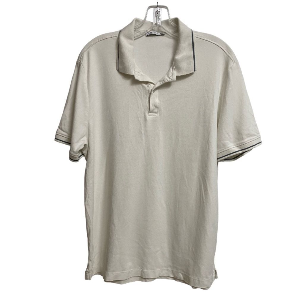 Zara Men's Short-Sleeve Polo Shirt Size L White Grey Contrast Trim Beach Summer
